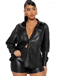 Women's Tracksuits Black Faux Leather Two Piece Set Women Button Up Cardigan Tops And Shorts High Waist Sexy Night Club Party Outfits