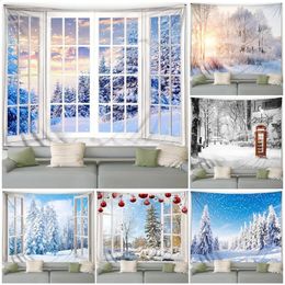 Christmas Decorations Winter Tapestry Forest Cedar Trees Sunshine White Window Nature Landscape Wall Hanging Home Living Room Bedroom Decor 231030