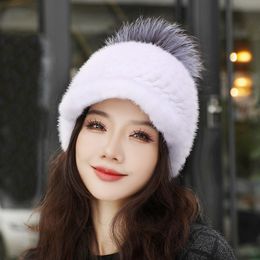 Women's Warm Real Mink Fur Hat Knitted Peaked Cap Beanie Snow Ski Earlaps Baseball Cap