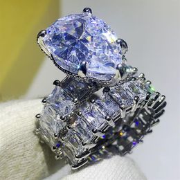 14CT Vintage Jewellery Big Diamond Couple Ring 925 Sterling Silver White Topaz Gemstones Party Water Drop Women Wedding Bridal Ring 255M