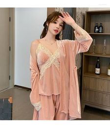 Women's Sleepwear Sexy Lace Trim Pijamas Suit Loose Casual Velvet Home Clothes Loungewear Autumn Winter Velour 3Pcs Pajamas Set Bathrobe