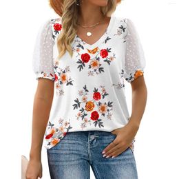 Women's T Shirts Womens Casual Flower Printed Shirt V Neck Chiffon Short Sleeve Top Mock Turtleneck