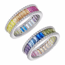 Silver Color Wedding Engagement Band 2021 Spring Summer New Rainbow Baguette CZ Eternity Ring For Women Ladies288B