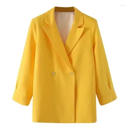 Women's Suits Spring Autumn Yellow Double-breasted Suit Jacket Loose Casual Short Women Coat Notched Collar Long Sleeve Blazers Female