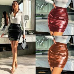 Skirts Black PU Leather Mini Skirt Women Fashion Back Zipper High Waist Ruched Bodycon Woman Sexy Slim Fit Short Clubwear