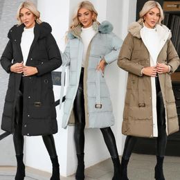 Women's Trench Coats Fur Collar Contrast Coat 2023 Winter Fashion Slim Down Cotton-padded Jacket Long Warm Coat.