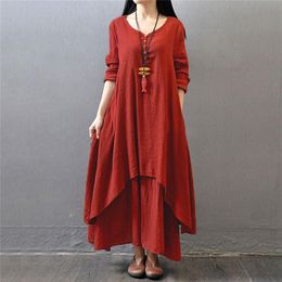 Whole Fashion Women Autumn Cotton Linen Boho Solid Long Maxi Dress Casual Loose Long Sleeve V-Neck Dress Vestidos Plus Size Ho2406