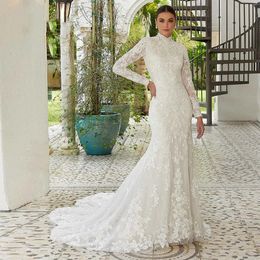 Vintage Full Lace Mermaid Wedding Dress High Neck Long Sleeves Court Train Bridal Gown With Veil Custom Made 328 328