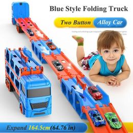 Diecast Model Large Car Transporter Truck Folding Track Racing Vehicle Kids Competitive Games Storage Alloy Boy Toy Children Novel Gift 231031