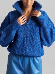 Women's Sweaters Women Knit Sweater Blue Rib Long Sleeve Half Zipper Fashion 2023 Autumn Winter Pullover For Ladies