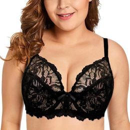 Embroidery Plus Size Bra Women Full Coverage Sexy Floral Lace Bra Unlined Underwire Black White Brassiere Perspective Bralette219B