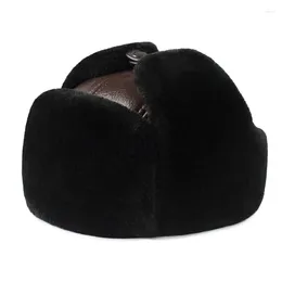 Berets Male Winter Warm Ear Protection Bomber Hat Man Genuine Leather Faux Fur Military Cap Inside Black Brown 55-60cm Flat Roof Caps