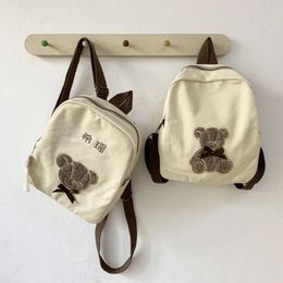 Handbags INS Style Canvas Children Backpack with Cute Bear Embroidery Decoration Korean Students Childrens School Bag Kids Shoulder 231031