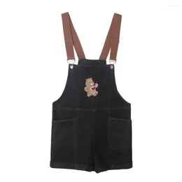 Women's Jeans Women Casual Overalls Shorts Cute Sweet Bear Embroidery Teenage Girls Loose Black Denim Overall For Summer