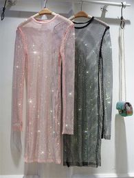 Hollow Out Rinestone Fishnet Dress Sparkle Long Sleeve Oversized Dresses Evening Night Club Party Wear Outfits Cover up