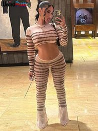 Women's Two Piece Pants Weird Puss Sexy See Through 2Piece Set Women Striped Skinny Stretch o Neck Long Sleeve Crop Tops Pants Matching Clubwear Outfits 231031
