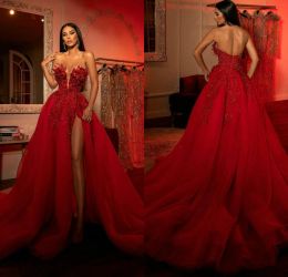 Berta Red Split Prom Dresses Sexy Sweetheart Lace Appliqued Beaded Formal Evening Gowns A Line Vestidos De Soiree Custom Made