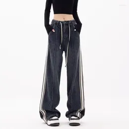 Women's Jeans Large For Women Retro Straight Drawstring Casual Pants Y2k Street Fashion Loose Dark Baggy Denim Wide Leg