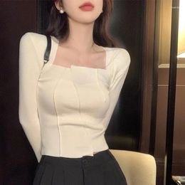 Women's Sweaters Girl Square Neck Long Sleeve Knitted Thin Sweater Spring And Autumn Bottoming T-Shirts Short Tops Female Clothing