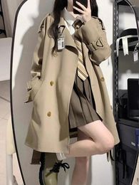 Women's Trench Coats Classic Khaki Medium-length Women Korean Fashion Belt Windbreaker Fall Overcoat Double Breasted Streetwear