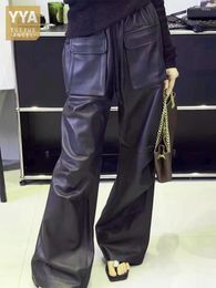 Women's Pants Fashion Women Loose Fit Straight Wide Leg Autumn OL Big Pockets Elastic Waist Sheepskin Genuine Leather Cargo