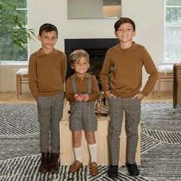 Family Matching Outfits Ap Boys Mix N Match Dressy Collection 2024 Fall Kids Three Colors Sweater Polo Baby Stretched Plaid Pants and Overalls 7703 231031