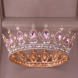 Fashion Luxury Circle Pink Crystal Queen Crowns Full Round Bridal Tiara For Wedding Party Women Rhinestone Hair Accessories X06252714