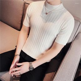 Men's T Shirts 2023 Summer Mens T-shirt Semi-high Neck Short Sleeve Casual Slim Fit Sweater Knitted Elastic Top Social Club Tight Shirt