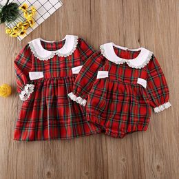 Girl's Dresses Christmas Dress Baby Girl Clothes Red Plaid Romper Bodysuit Matching Sister Dress Jumpsuit Xmas Outfits Fall 231030