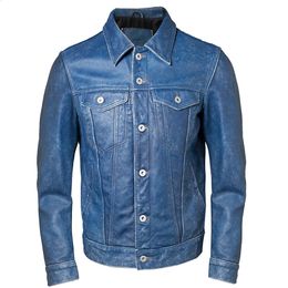 Men's Leather Faux Leather Vintage Blue Men Leather Jacket Slim Fashion 100% Natural Cowhide Jackets Man Genuine Leather Coat Autumn Spring Asian Size M234 231030