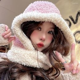 Berets Japanese Cute Colour Matching Balaclava Hats For Women Autumn And Winter Warm Hat Scarf Integrated Ear Protection Bomber Cap