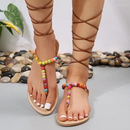 Sandals Bohemian Style Flat Women Summer 2023 Beading Clip Toe Beach Shoes Woman Plus Size 43 Soft Sole Gladiator Sandalias