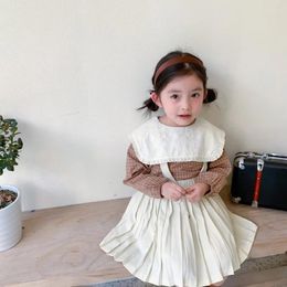 Clothing Sets 2023 Spring Korean Style Baby Girls Lace Plaid Tops Pleated Skirt 2pcs Toddlers Kids Chic Suits Sweet