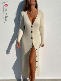 Spring New Knitted Sweater V Neck Long Sleeve Bodycon Midi Dress Cardigan Knitwear Ladies Casual White Dresses