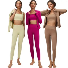 Active Sets SALSPOR Yoga 3Piece Sport Outfit For Woman Skinny Stretch Autumn 3Pcs Gym Set Women High Waist Thin Tank Top T-Shirt