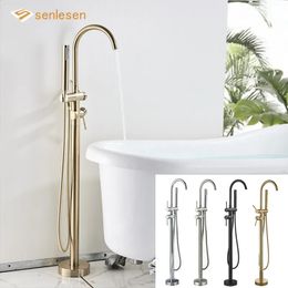 Bathroom Shower Heads Senlesen Brushed Gold Flooring Standing Faucet Floor Mount Bathtub Brass Dual Handle Tub Mixer Tap 231030