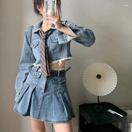 Two Piece Dress Autumn Y2K Denim Pieces Set Long Sleeve Short Jacket And High Waist Mini Pleated Skirts Suit With Ties Belts Womens Outfits