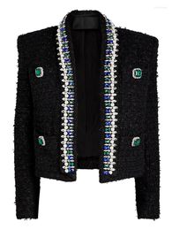 Work Dresses Fashion Women Jacket Est 2023 Designer Diamonds Beading Shawl Collar Tweed Coat Black Patchwork High Quality Lady Mini Skirt