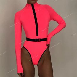 Long Sleeve Rash Guard Women Solid One Piece Swimsuit Fluorescent Green Swimwear Zipper Surfing Suit Belt Bath Suit UV Protect SwimRash Guards