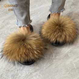 Slippers Summer Real Fur Slippers Ladies House Shoes Women Fluffy Raccoon Fur Slides Flip Flop Flat Furry Outdoor Sandals Woman Shoes 231031