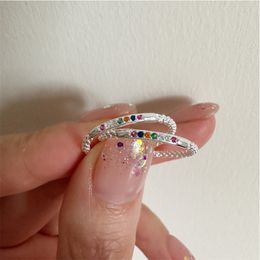 Authentic 925 Sterling Silver Rainbow Zircon Ring Female Simple Small Mini Personality Colored Gemstone Opening Ring 2mm