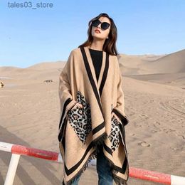 Scarves Fashion Women Leopard Print Cashmere Scarf With Pocket Winter Poncho Shawl Travel Blanket Scarves Pashmina Echarpe Mujer Bufanda Q231031