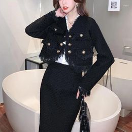 Work Dresses ZAWFL Runway Women's Tweed Retro Single-Breasted Tassel Small Fragrance Jacket Coat High Waist Mini Skirt Two Pieces Set Suit