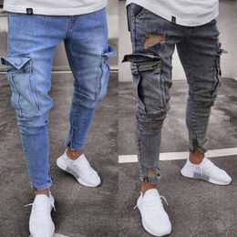 Men's Jeans Slim Fit Hi-Street Distressed Denim Joggers Stretch trend knee hole zipper feet trousers186f