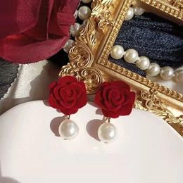 Stud Earrings Flocking Wine Red Rose Velvet Flower Personality Temperament Retro Fashion Port Style