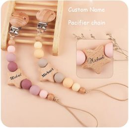 Pacifier Holders Clips# Custom Name Wooden Personalised Baby Chain Silicone Bead Dummy Nipple Holder Guard Teether Pendant born Gift Stuff 231031
