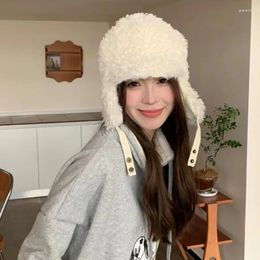 Berets Korean Women Ear Protection Windproof Warm Ski Bomber Hats Winter Lamb Wool Double-sided Wear Solid Colour Unisex Lei Feng Hat