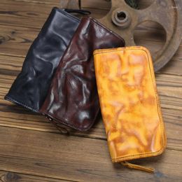 Wallets Vintage Fashion Genuine Leather Men's Wallet Plant Tanned Water Wash Business Casual Handmade Bag Cowhide Long Handheld