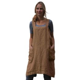 Casual Dresses Women Cotton Linen Apron Sleeveless Home Cooking Cleaning Cover Florist Dress Female240F