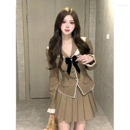 Work Dresses Korean College Style Suit For Women In Autumn Bow Tie Turn-down Collar Slim FiCoat Pleated Skirt Two-piece Set Female Clothes